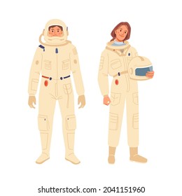 Astronauts profession workers isolated flat cartoon characters. Vector space man and woman cosmonauts in protective uniform spacesuits with helmet. Professional international cosmos exploration people