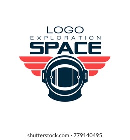 Astronaut's protective helmet logo. Space exploration. Cosmic journey. Creative label in flat style. Vector design for t-shirt print, emblem, sticker or mobile app
