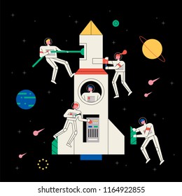 Astronauts repairing spacecraft in space. flat design style vector graphic illustration set