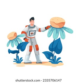 Astronauts research of life in alien planet vector illustration. Cartoon isolated scene of fantasy nature exploration and study with man in spacesuit walking near big alien flowers and plants