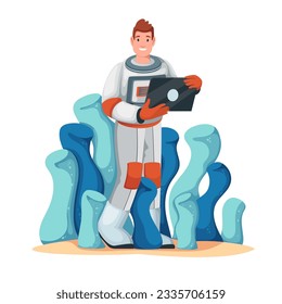 Astronauts research on alien planet vector illustration. Cartoon isolated scene of fantasy nature study, man in spacesuit holding tablet for science report about alien blue plants in space landscape