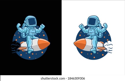 astronauts ride rockets cartoon illustration