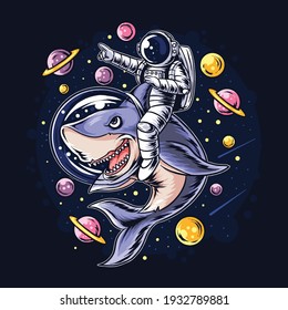 astronauts ride a shark in space with the planets planets. artwork vector svg