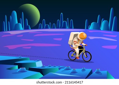 Astronauts ride their bikes on the planet's surface to see landscapes and explore minerals. Flat vector illustration design