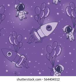 astronauts, rocket with balloons on seamless starry background, cosmic vector illustration