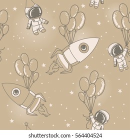 astronauts, rocket with balloons on seamless starry background, cosmic vector illustration