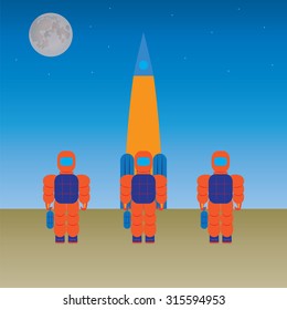 Astronauts and the rocket. Illustration, elements for design.  