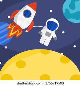 Astronauten und Raketenstart im Galaxienraum.