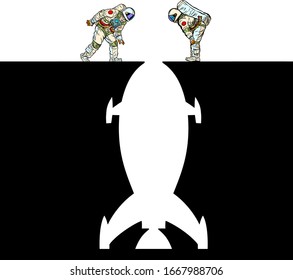 astronauts and rocket. Space exploration. Pit silhouette. Pop art retro vector illustration 50s 60s style