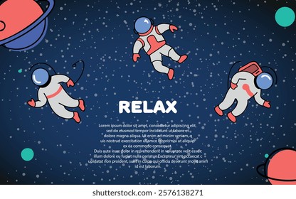 Astronauts and rockets fly in space galaxy cosmos with planets and stars. Exploring missions with no gravity