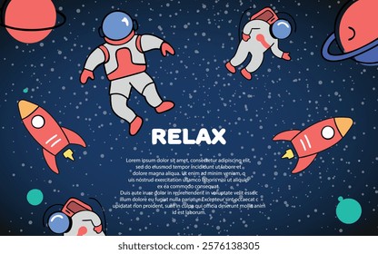 Astronauts and rockets fly in space galaxy cosmos with planets and stars. Exploring missions with no gravity