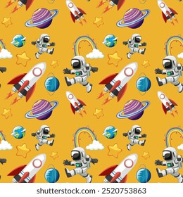 Astronauts, rockets, and planets on yellow background