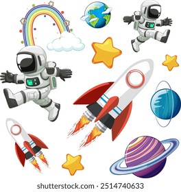 Astronauts, rockets, planets, and stars in space