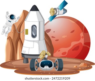 Astronauts and rover exploring Mars surface