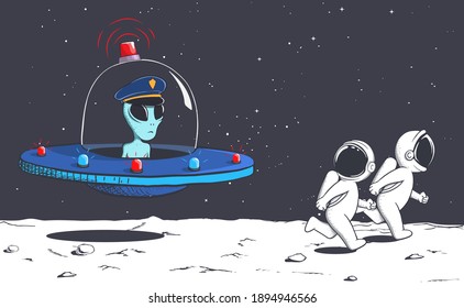 Astronauts Run Away From A Police Alien.Space Police.Vector Illustration