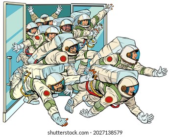 Astronauts run out of the spacecraft. Mastering the stars