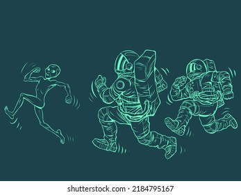 Astronauts Are Running After The Alien. Space Police. Pop Art Retro Vector Illustration Kitsch Vintage 50s 60s Style