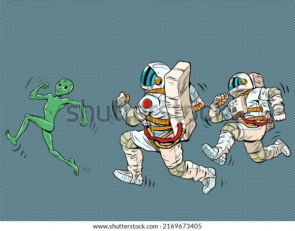 Astronauts are\
running after the alien. Space Police. Pop Art Retro Vector\
Illustration Kitsch Vintage 50s 60s\
Style