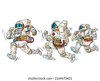 astronauts are running, a space race. Sports and a healthy lifestyle. People in spacesuits. Pop Art Retro Vector Illustration Kitsch Vintage 50s 60s Style