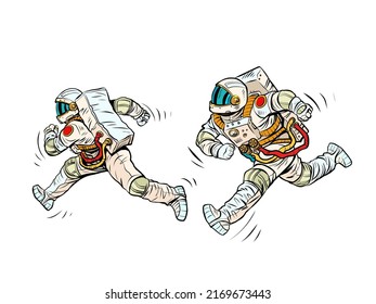 astronauts are running, a space race. Sports and a healthy lifestyle. People in spacesuits. Pop Art Retro Vector Illustration Kitsch Vintage 50s 60s Style