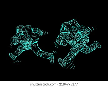 astronauts are running, a space race. Sports and a healthy lifestyle. People in spacesuits. Pop Art Retro Vector Illustration Kitsch Vintage 50s 60s Style