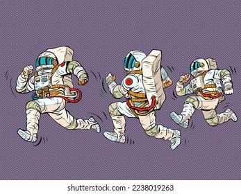 astronauts are running, a space race. Sports and a healthy lifestyle. People in spacesuits. Pop Art Retro Vector Illustration Kitsch Vintage 50s 60s Style