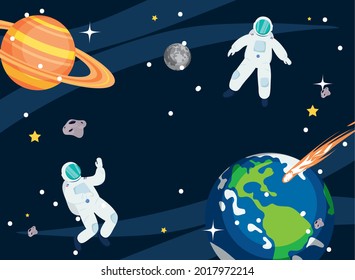 Astronauts saturn earth and shooting star at universe space