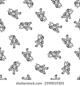 Astronauts seamless pattern. Black and white doodle. Space adventures and travel in universe. Fabric wrapping vector