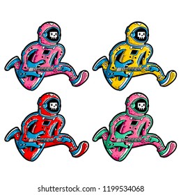 Astronauts Set. Guitars Set. Rock star Set. Cartoon cosmonaut set with a guitar on white background isolated. Stock Vector Illustration.