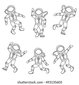 Astronauts set. Line art cosmonauts vector clollection.