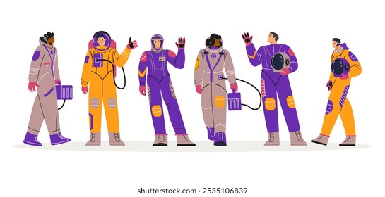 Astronauts set. Men and women in protective suits and helmets. Flight into space. Explore the vastness of the universe. Professionals. Flat vector illustration isolated on white background.