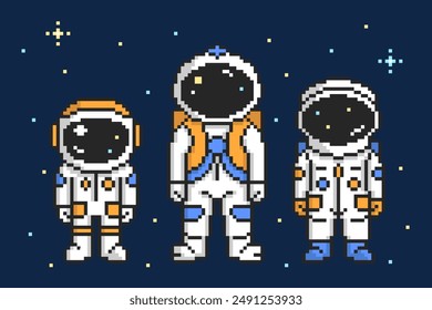 Astronauts Set in Pixel Game Style. Cute cosmonauts in retro art. Vector illustration