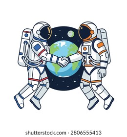 Astronauts shaking hands in space with earth background. Two astronauts in white suits shake hands against a dark blue background featuring planet Earth and the moon. Ideal for space exploration blogs or corporate partnership presentations.