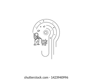 Astronauts with shopping trolley in cosmos, Flat Line Art Vector Design illustration.
