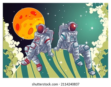 astronauts sit down on the planet in galaxy