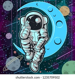 astronauts sit on a crescent moon in space with stars and planets