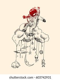 Astronauts sitting on cloud space, Hand Drawn Sketch Vector illustration.