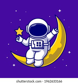 Astronauts Sitting On The Moon With Star Cartoon Vector Icon Illustration. Science Fiction Space Icon Concept Isolated Premium Vector. Flat Cartoon Style