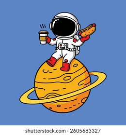 Astronauts are sitting on a planet and eating hotdog Illustration cartoon