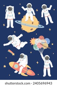 Astronauts in space. Space adventure illustration vector set. Various Cosmic stickers set.