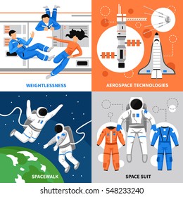 Astronauts in space and aerospace technologies 2x2 design concept on colorful backgrounds flat isolated vector illustration
