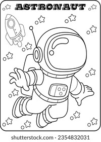 Astronauts in space Black and white vector illustration for a coloring book