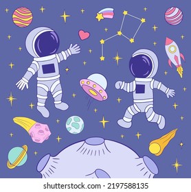 Astronauts in space cartoon vector illustration.  Space travel and exploration.