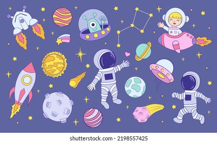 Astronauts in space cartoon vector illustration.  Space travel and exploration.