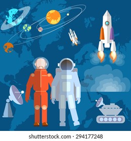 Astronauts in space: cosmonaut orbits planets rockets spacecraft study space shuttle vector illustration  