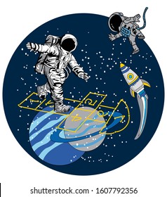 astronauts at the space at graphic art for t shirt print