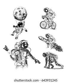 Astronauts space mission poster set, Hand Drawn Sketch Vector illustration.