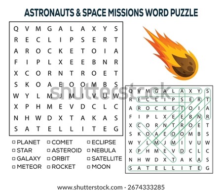 Astronauts and space missions word puzzle with a comet illustration, perfect for educational and recreational use.