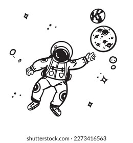 Astronauts in space on the background of the moon hand-drawn, for posters, stickers and any design. Isolated on a white background. Vector illustration with doodles.