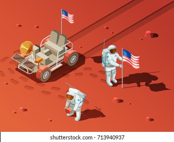 Astronauts space planet exploration isometric composition of extraterrestrial landscape with rover and two space voyagers planting flag vector illustration